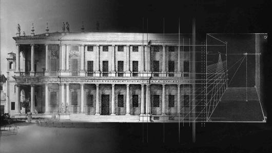 Four architectural renderings arranged horizontally to indicate a progression from literal to abstract. 